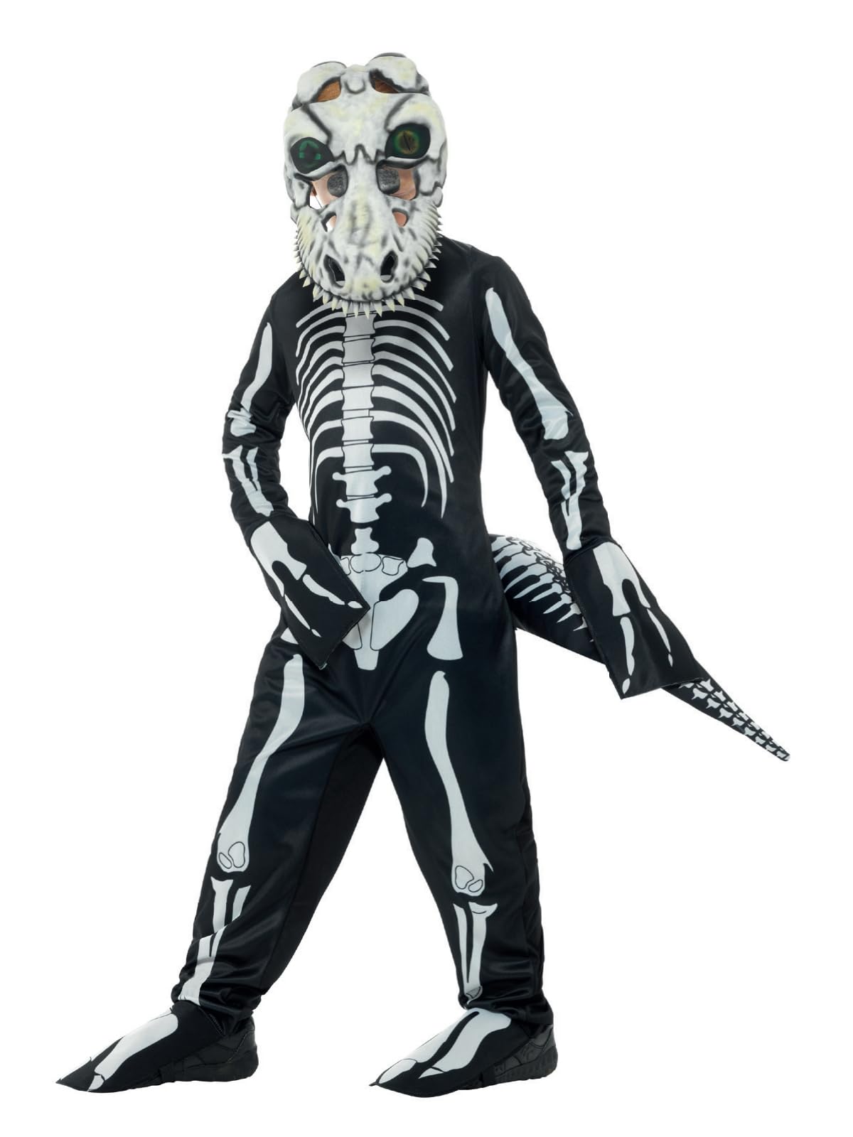 Smiffys Deluxe T-Rex Skeleton Costume, with Bodysuit, Blac Tail & Mask with Lenticular 3D Print Eyes, Halloween Child Fancy Dress, Dinosaur Dress Up Costumes