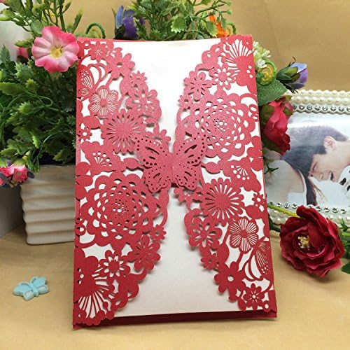 50PCS Paper Laser Cut Bronzing Wedding Baby Shower Invitation Cards with Flower Hollow Favors Invitation Cardstock for Engagement Birthday Graduation (Red Card)
