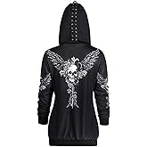TOMETO STAR Women Causal Zipper Hoodie Skull Wings Print Hooded Jacket Coat Loose Sweatshirt Plus Size