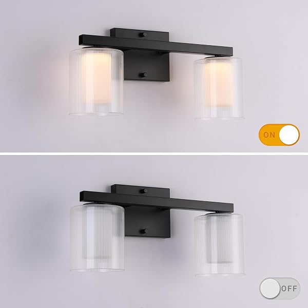 NWAPRH 2-LIGHT BATHROOM VANITY LIGHT, 15.75″ MATTE BLACK LED BATHROOM LIGHT FIXTURE WITH RIBBED GLASS SHADES, 3000K WARM WHITE WALL SCONCE, UP/DOWN MOUNT MODERN LIGHTING FOR MIRROR CABINET