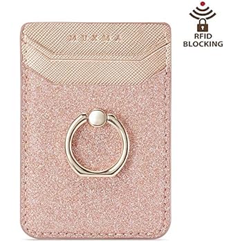 ACRSIKR Card Holder for Back of Phone, RFID Blocking Glitter Cell Phone Credit Wallet with Ring Pocket Stick on iPhone
