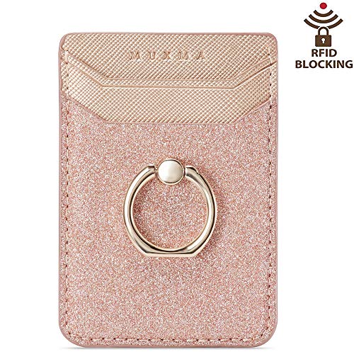 Card Holder for Back of Phone, Acrsikr RFID Blocking Glitter Cell Phone Credit Wallet with Ring Pocket Stick on iPhone - Thumbnail 7