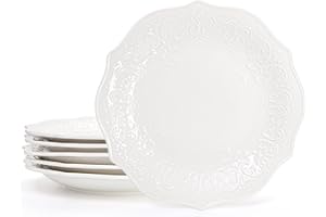 SOUJOY Set of 6 Porcelain Dinner Plate, 25.4cm/10'' Embossed Salad Plates, White Dessert Serving Plates for Steak Appetizer, 