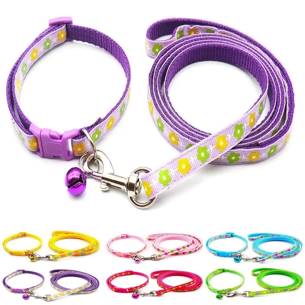 Small Dog Puppy Pet Collar and Lead Set Flower Design Nylon Adjustable Size 19-32cm Collar with Bell and 120cm Leash Purple