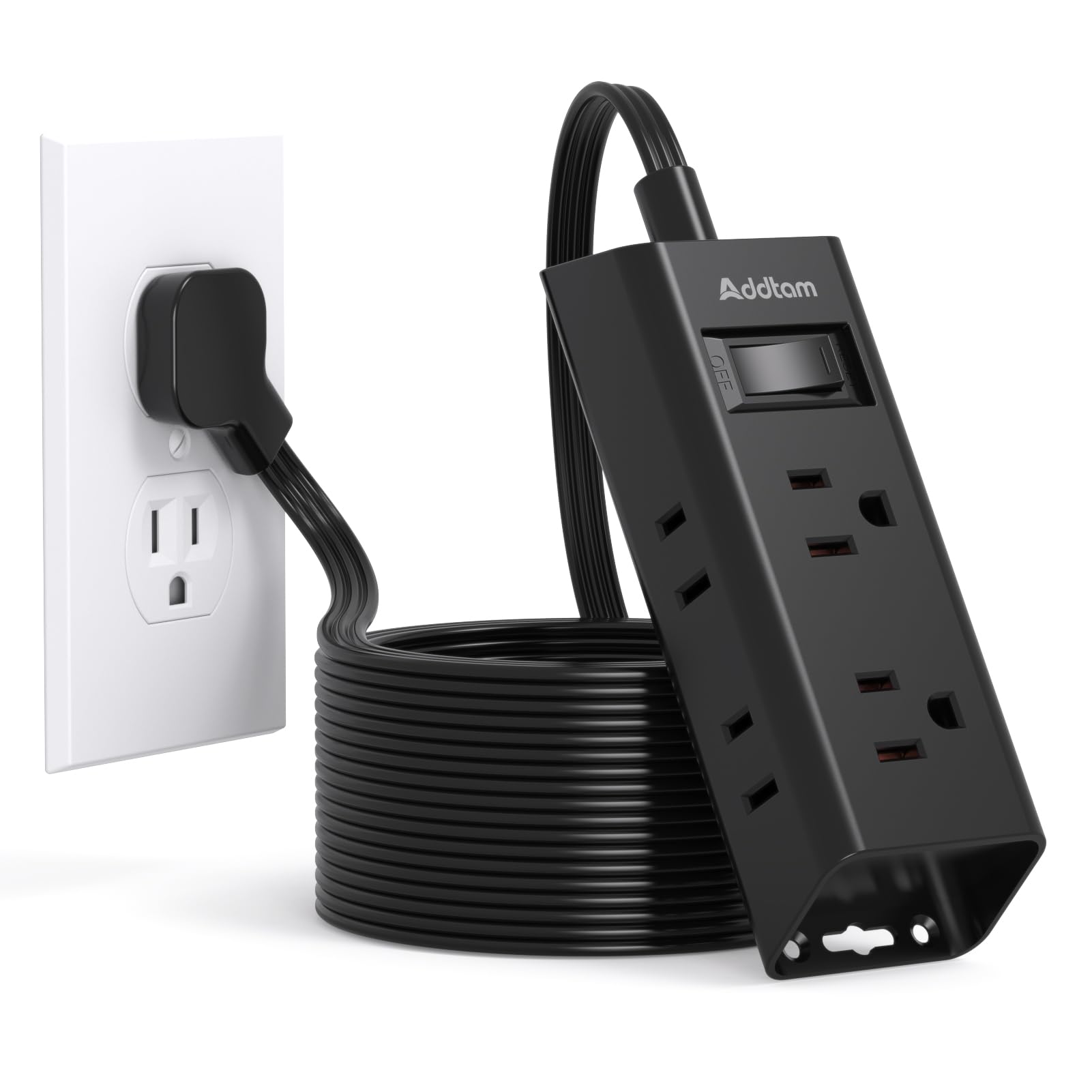 Flat Extension Cord 25 ft, Addtam Flat Plug Power Strip with 6 Outlets Extender, Long Extension Cord with Multiple Outlets, Wall Mount for Home Dorm Room Essentials, Black