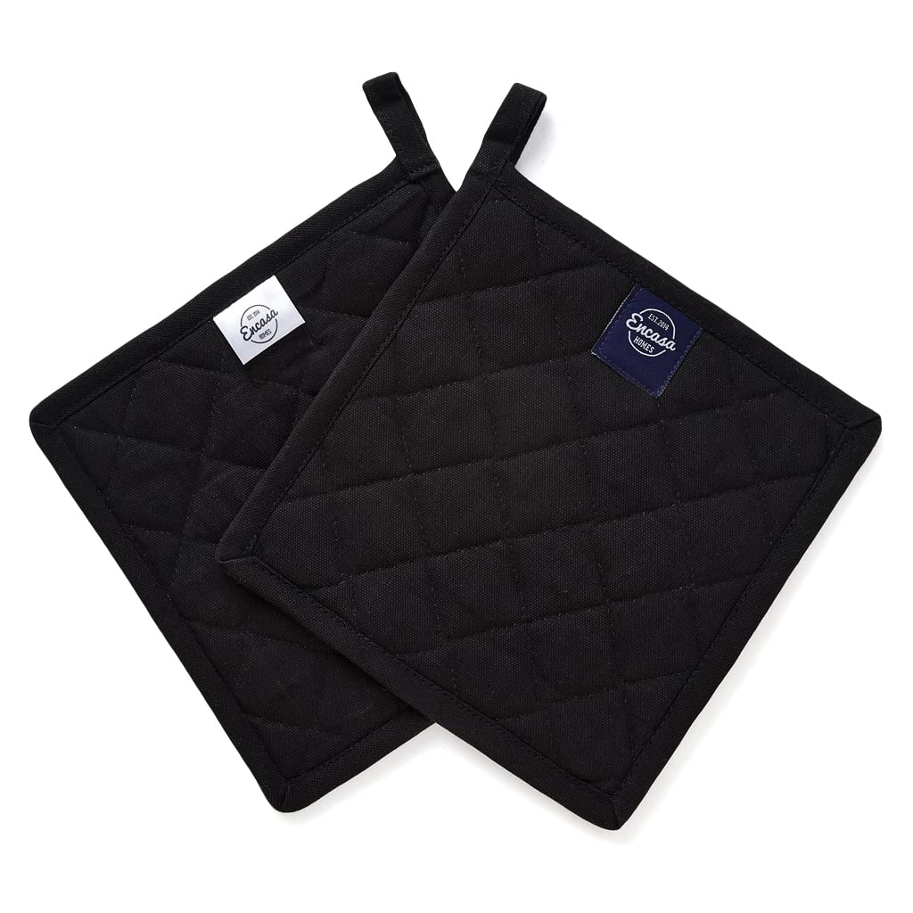 Encasa XO Heat Resistant Cotton Pot Holders With Hanging Loop - Set Of 2 - Full Black - Multipurpose Quilted Everyday Hot Pad For Kitchen, Camping, BBQ & Microwave - 21 cm