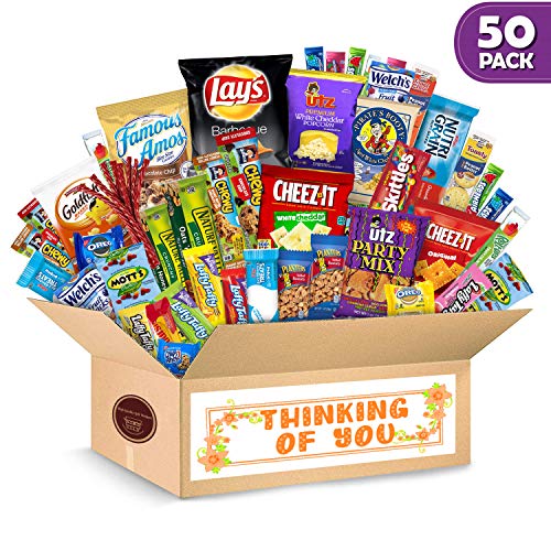 Thinking of You Care Package (50 Count) Ultimate Sampler Bars, Cookies, Chips, Candy Snacks Box | Fantastic Gift for Men & Women, College Students, Military, Get Well, Friends & Family, Valentines day