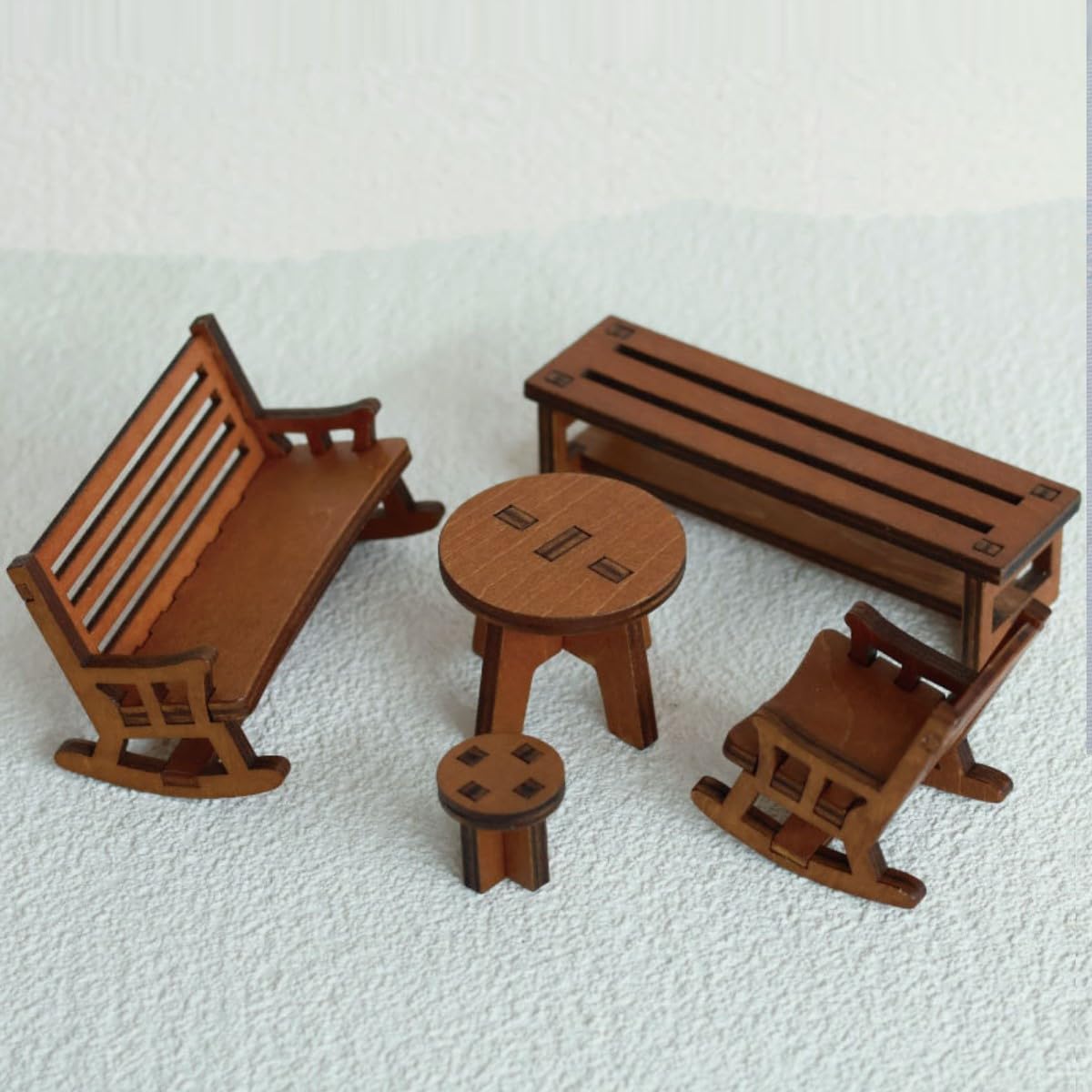 KARLOR Miniature Wooden Furniture Set, 5-Piece Mini Furniture Mini Rocking Chair Bench Stool Round Wooden Table for Mni Scene Miniature Landscaping Fairy Garden Gnome Decoration