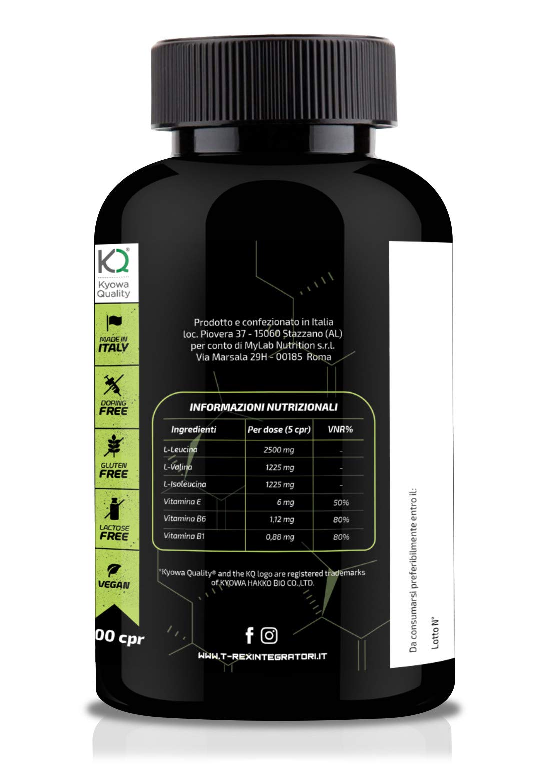 BCAA 2:1:1 ottenuti da fermentazione. Con vitamine B1-B6-E Confezione da 120 Compresse T-Rex Integratori