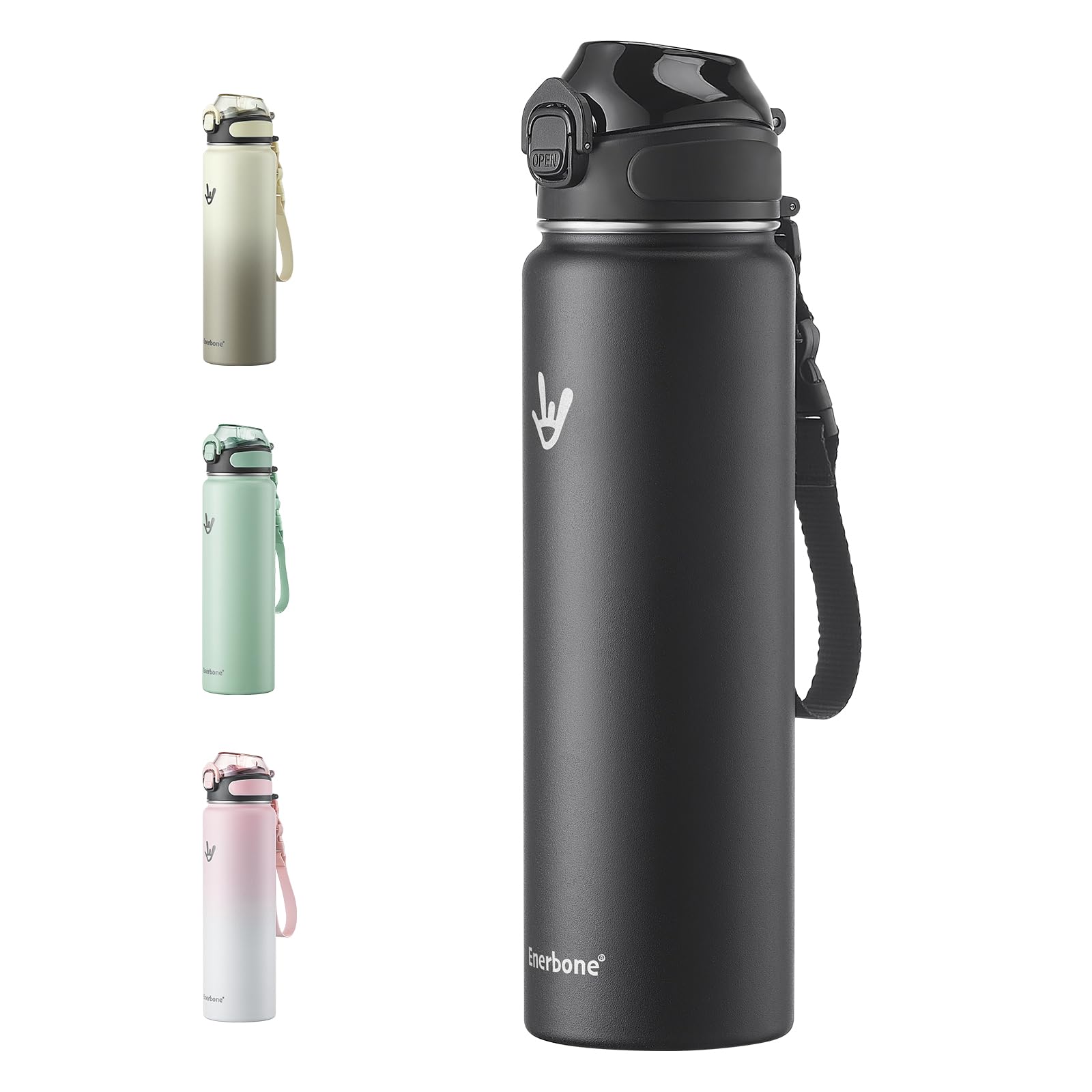 Photo 1 of Enerbone 32 oz Insulated Water Bottle, Stainless Steel Bottle with Carrying Strap, Double-Wall Vacuum Insulation Design, Leakproof Sports Bottle with Straw, Keep Drinks Cold or Hot for Hours