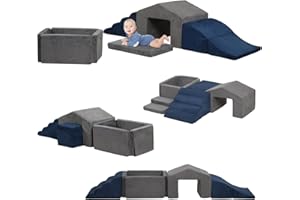 MOOZHEALTH Soft Play Climb and Crawl Activity Playset,Foam Climbing Building Blocks for Toddlers with Ball Pit - Baby Crawling & Sliding Gym Equipment Indoor Active Playing for Preschool,6 Pcs (gray-blue)