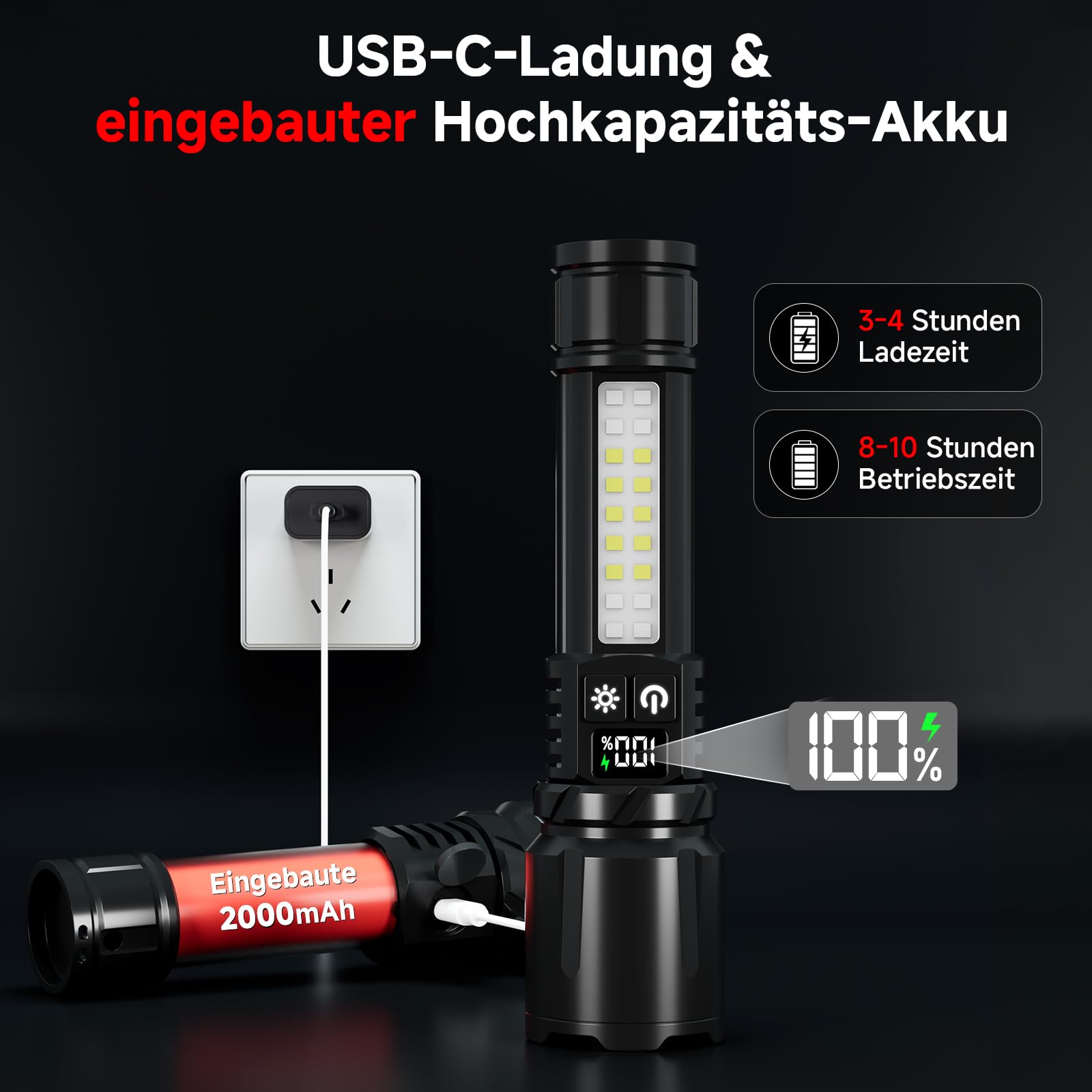 Shadowhawk 2 Stück Taschenlampe LED Aufladbar mit COB Seitenlicht | Leichtgewicht & Eingebauter Akku – Taktische Taschenlampen mit 2 Schaltern & Ein-Knopf Ein/Aus, 7 Modi für Camping/Wandern/Notfall 5