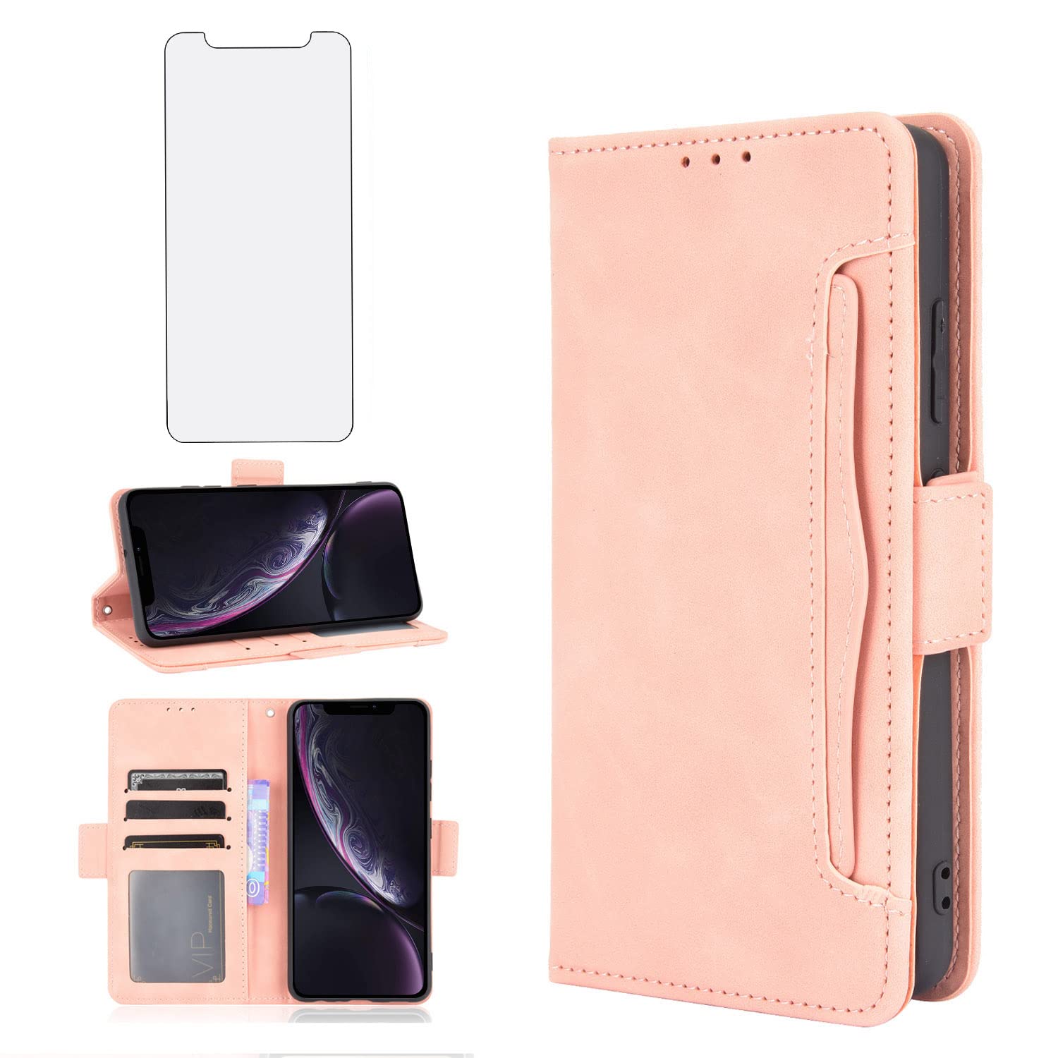 Compatible with iPhone Xs Max Wallet Case and Tempered Glass Screen Protector Card Holder Stand Magnetic Flip Cell Phone Cover for i X XR Xsmax 10x SX Xmax 10xs 10s 10 Plus Xmaxs Women Men Rose Gold
