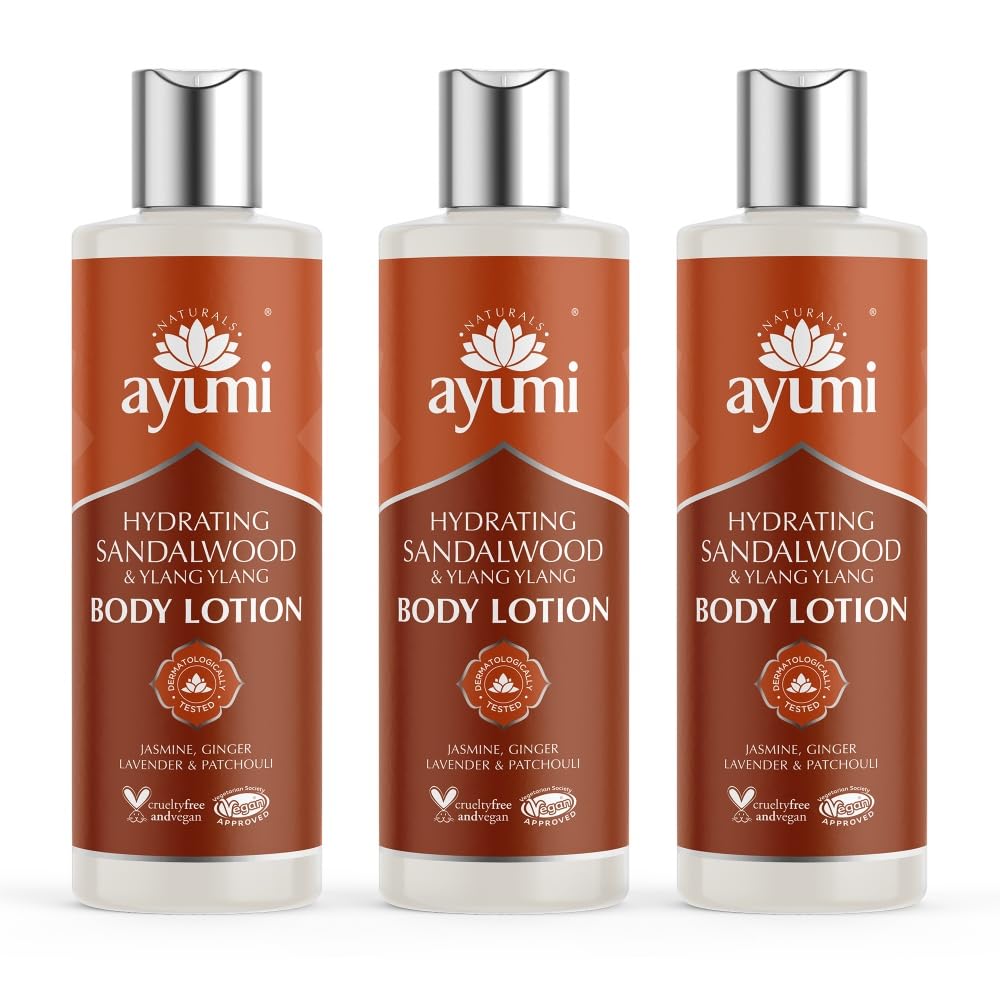 Ayumi Sandalwood Body Lotion | Hydrating Body Lotion for Dry Skin | Aromatherapy Body Moisturiser with Lavender | Hand Cream to Soften the Skin | Moisturiser for Men & Women | 3 x 250ml