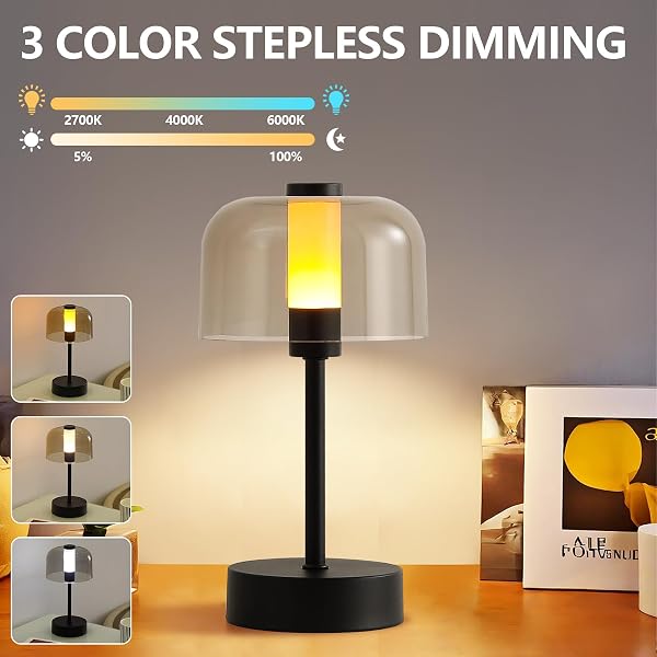 AIHYING BLACK RECHARGEABLE CORDLESS TABLE LAMP,PORTABLE MODERN LED NIGHT LIGHT,BATTERY OPERATED LAMP,3 COLOR STEPLESS DIMMING UP,FOR RESTAURANT/BEDROOM/BARS/OUTDOOR PARTY/CAMPING/COFFEE SHOP