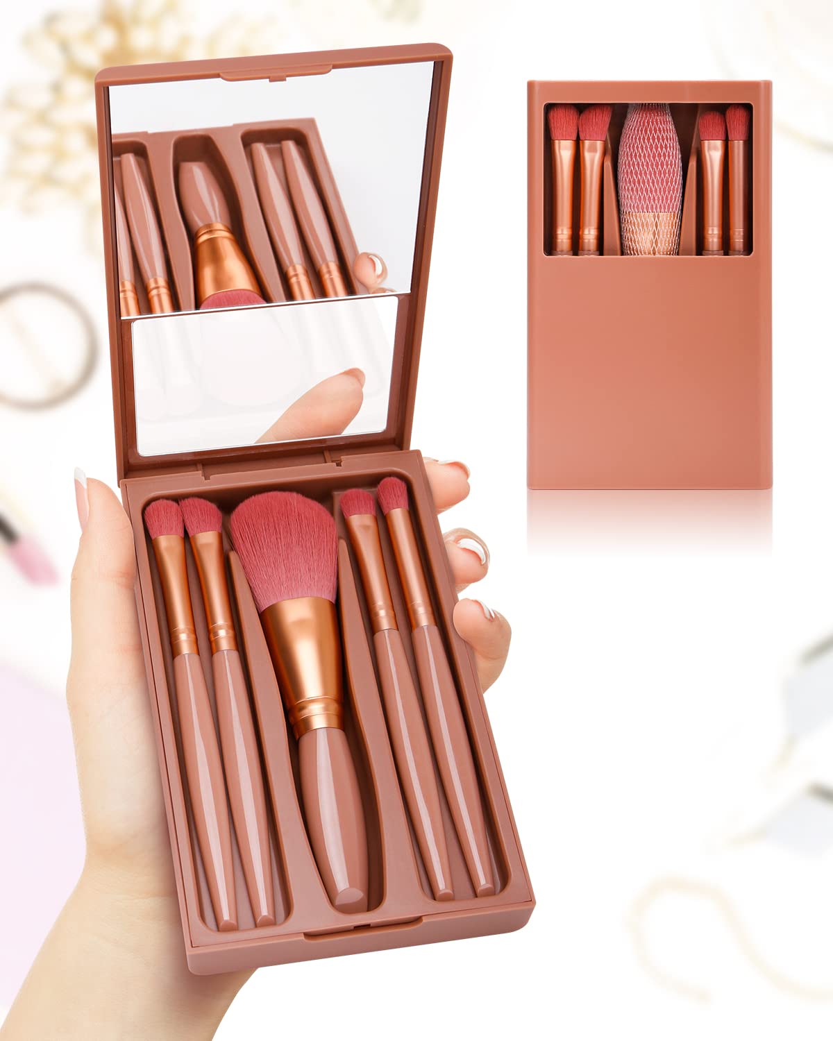 PGRODE Mini Travel Size Makeup Brush Set Cute Portable Brush Kit, Small Complete Function Cosmetic Brushes Set with Case and Mirror,5PC (Red)