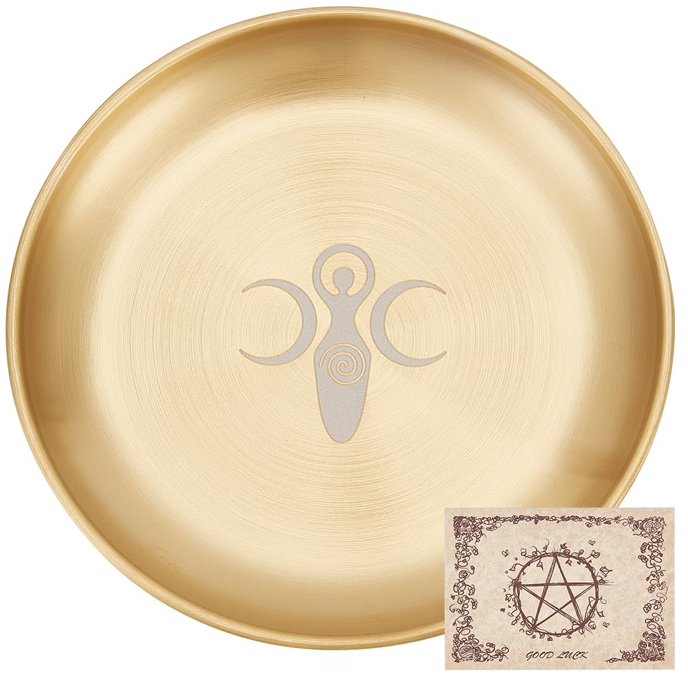 CREATCABIN Tarot Theme Altar Plate Moon Ritual Burning Candle Holder Bowls Offering Incense Aromatherapy Tray Ceremony Plate with Altar Card Home Decor for Witchcraft Wiccan Wedding Golden 5.55 Inch