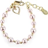Cherished Moments Children's 14K Gold-plated Bracelet with Pink Simulated Pearls and Cross or Heart Charm for Baptism, Christening or First Communion Gift for Girls