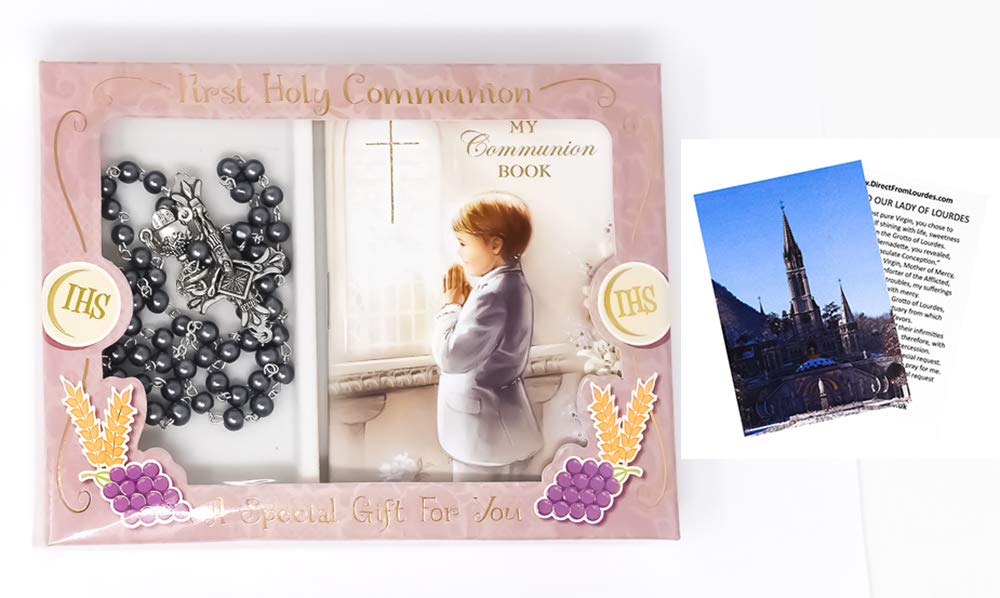 Boy's First Holy Communion Hematite Rosary Beads - Catholic Gifts to Celebrate Communion with My Prayer Book & Lourdes Prayer Card