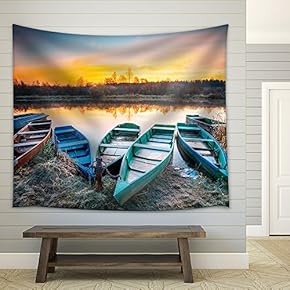Lake, River and Rowing Fishing Boat at Beautiful Sunrise in Autumn Morning. - Fabric Wall Tapestry Home Decor - 51x60 inches