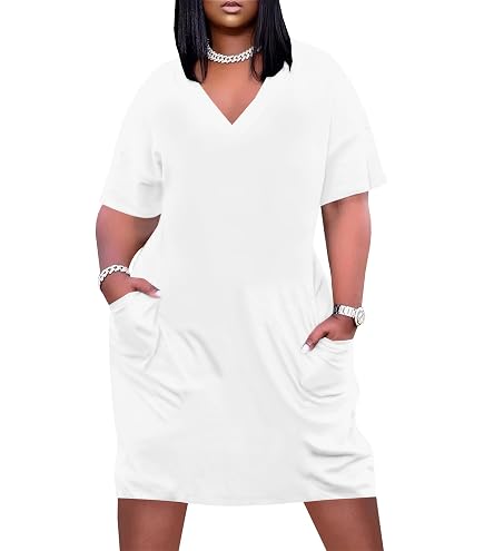Plus Size Dresses for Curvy Women Oversize T Shirt Midi Dress Loose Short Sleeve V Neck Beach Dress Casual Tshirt Dress Trendy Lounge Elegant Summer Dress Womens Comfy Party Dress Plus Size