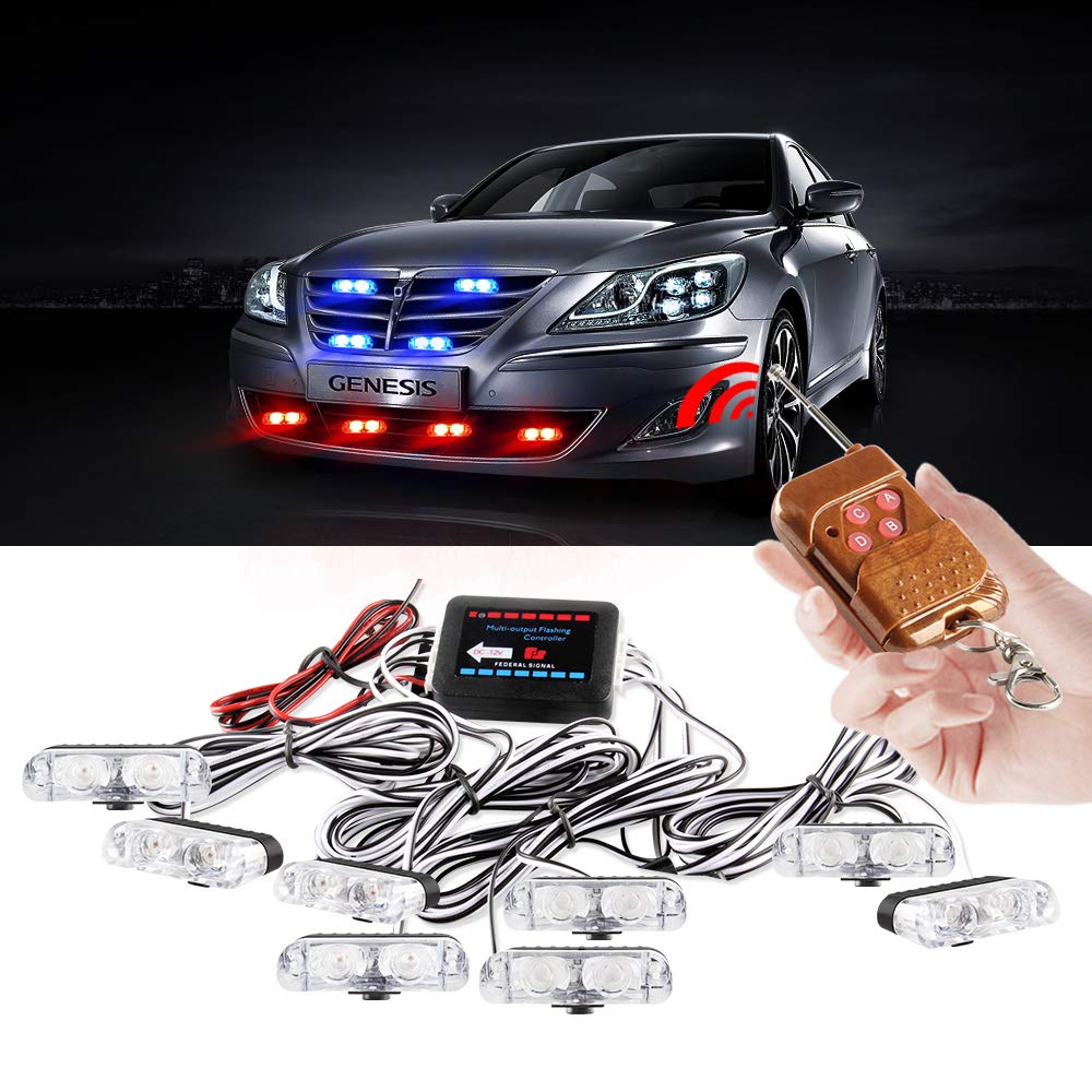 yifengshun 8 in 1 LED Emergency Strobe Lights for Trucks Vehicles Warning Flashing Guide Grille Flash DRL Police Car Motorcycle DC12V Wireless Remote Control (Blue & Red)