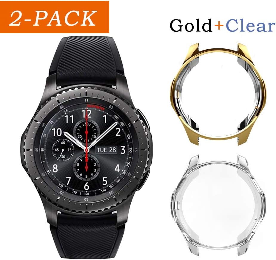 Uborui TPU Scractch-Resist Cover Protective Bumper Shell Protective Band for Samsung Gear S3 Frontier SM-R760 Case/Samsung Galaxy SM-R800 Watch Case 46mm,Gold+Clear