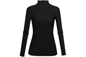Kindcall Lightweight Ruffle Mock Neck Tops Ribbed Lettuce Trim Soft Base Layer for Women