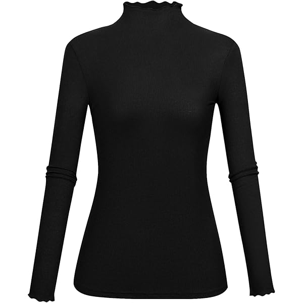 POPZONE Women's Black Mock Neck Ribbed Long Sleeve Tops Slim