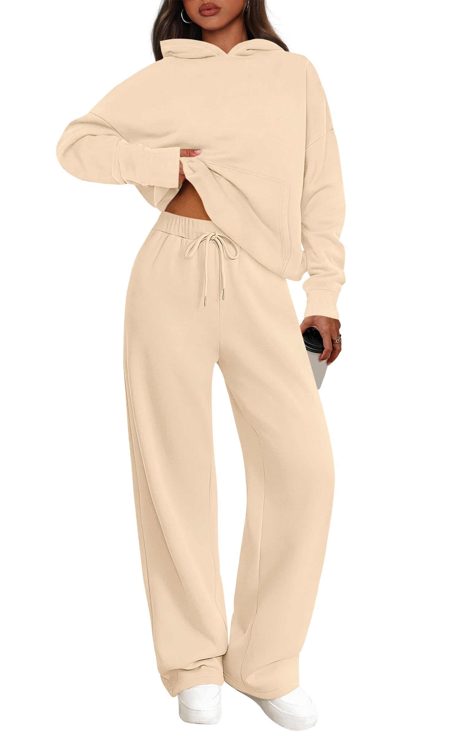 Photo 1 of PRETTYGARDEN Women's 2 Piece Outfits Fall Sweatsuits Oversized Hoodies Wide Leg Sweatpants Tracksuits Lounge Matching Sets (Beige,L)