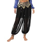 Hedmy Women's Belly Dance Harem Pants Shiny Sequin Tassel Trouser Arabic Performance Loose Pants