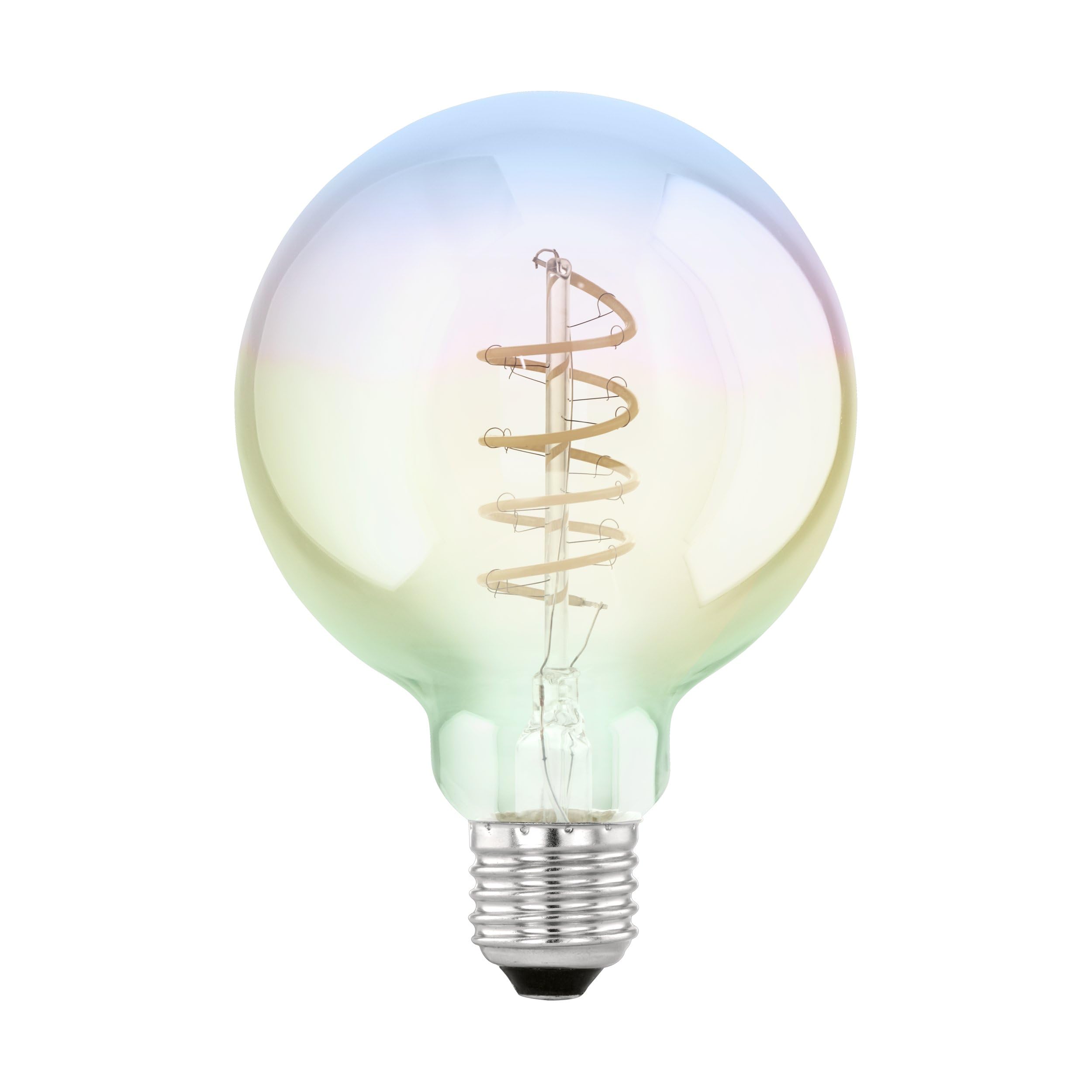 Eglo Dimmable iridescent E27 LED globe, multicoloured vintage spiral filament light bulb, Edison lamp in rainbow colours, 4 watt, 200 lumen, warm white glow, 2000 Kelvin, G95, Ø 3.7"