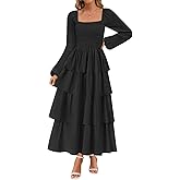MEROKEETY Women's Summer Fall Long Sleeve Ruffle Tiered Dress 2025 Flowy Layered Square Neck Smocked Maxi Dresses