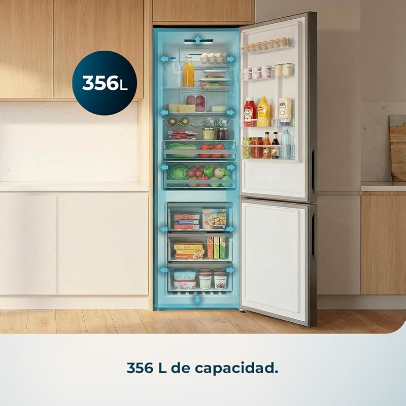 Bolero CoolMarket Combi 356i Dark D Combi Frigorífico 356L. 200cm de altura, 59,5 cm de largura, Classe E, Tecnologia Multi Airflow, FreshnessFlex e HumidityFlex HUB