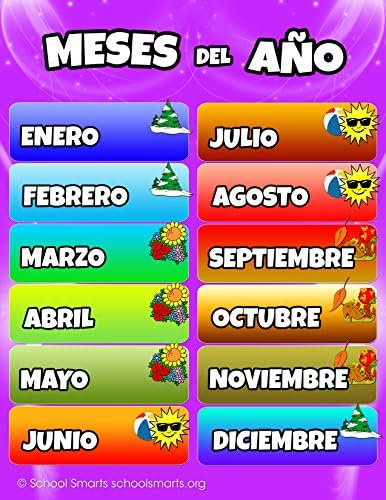 Spanish Months of the Year Chart by School Smarts Fully Laminated Durable Material Rolled and SEALED in Plastic Poster Sleeve for Protection. Discounts are in the special offers section of the page.