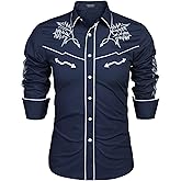 COOFANDY Men's Western Cowboy Shirt Long Sleeve Embroidered Shirt Slim Fit Cotton Casual Button Down Shirt