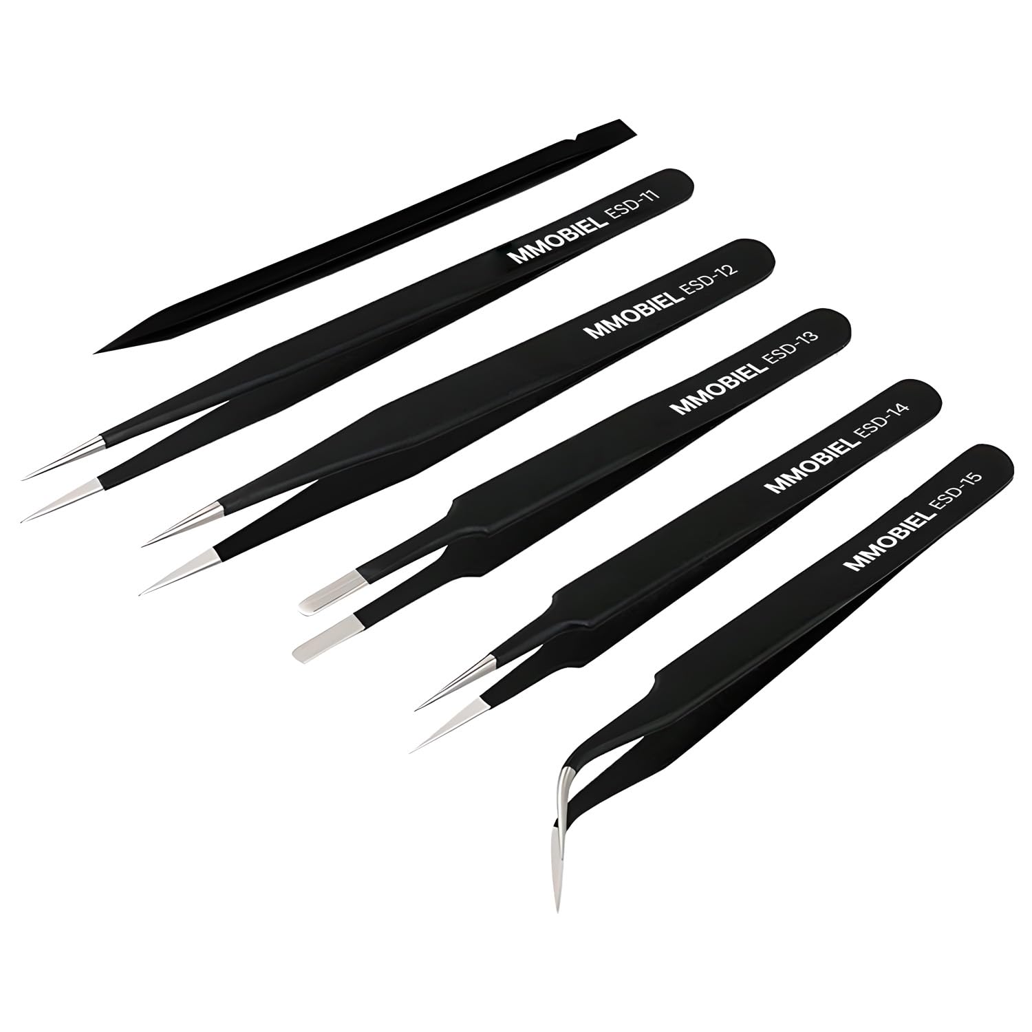 MMOBIEL 5X Industrial Precision ESD Tweezers Anti-Static Stainless Steel for Electronics Tools, Jewelry, Computer, Laboratory Work, Crafts and Hobbies etc. – Incl. Plastic Pry Tool