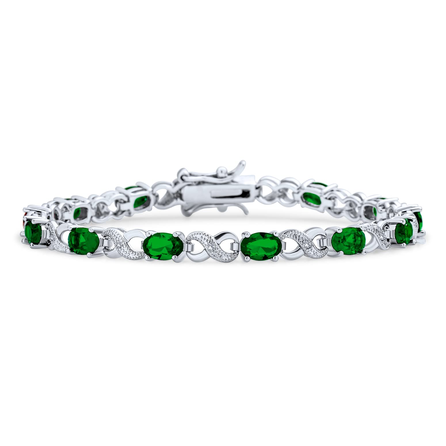 Bling Jewelry Simulated Green Emerald Cubic Zirconia AAA Oval CZ Romantic Love Knot Symbol Infinity Milgrain Tennis Bracelet For Women Silver Plated