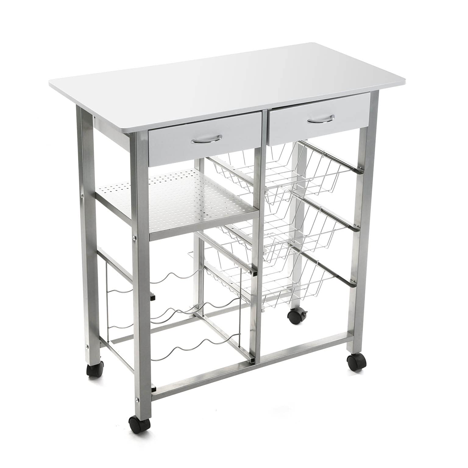 Versa Leicester Kitchen trolley with wheels, drawers and bottle rack, Greengrocer with pantry and organizers, Kitchen storage, Measurements (H x L x W) 82 x 40 x 76 cm, Wood and Metal, Colour White