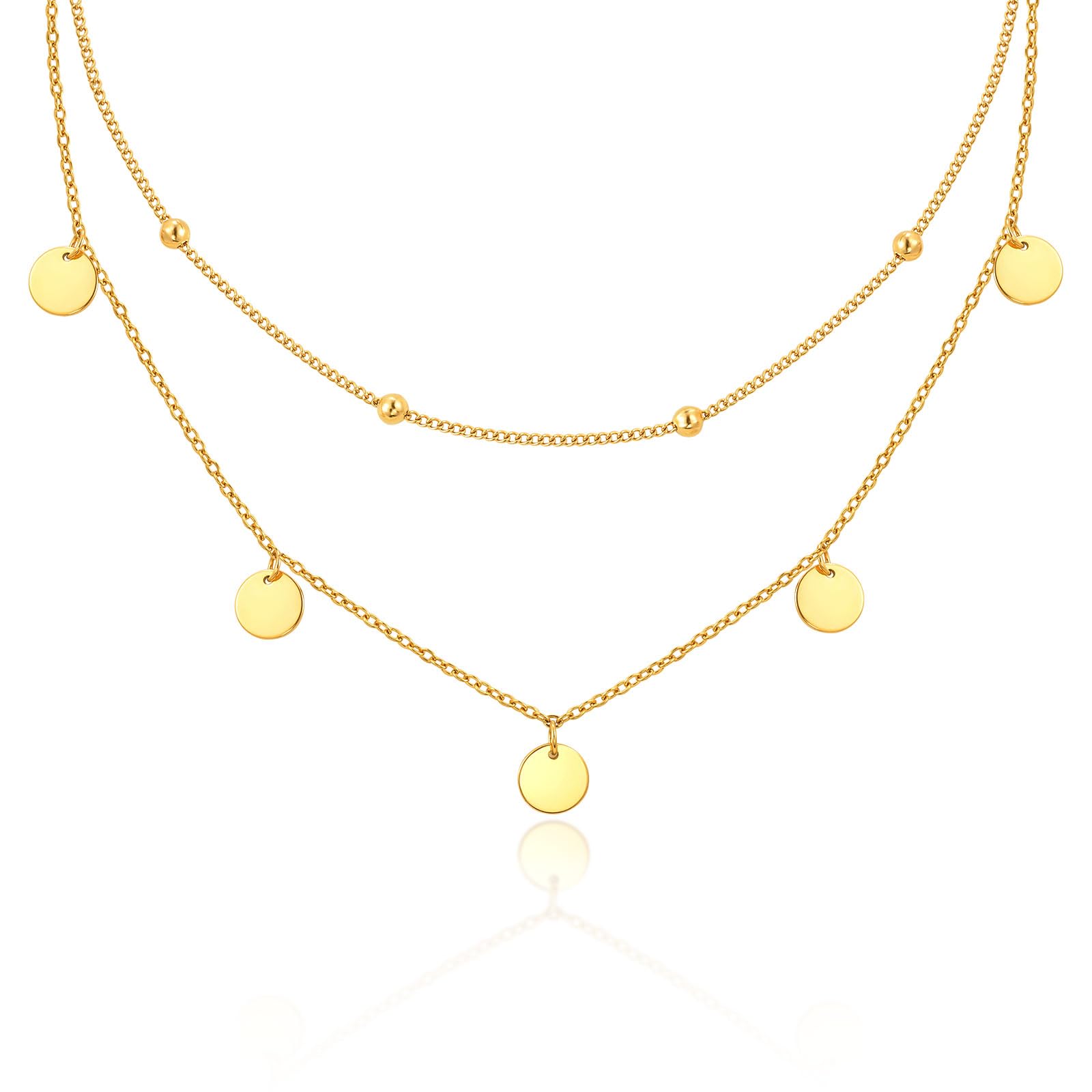 TempBeau Halskette Damen mit Kleinen Runden Plättchen, 18K Vergoldet Halsketten für Frauen aus Edelstahl, Layering Kette Damen 40+5 CM für Geburtstag Muttertag Jahrestag Geschenk (Runde Marke) 7