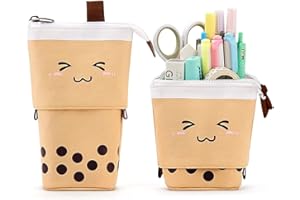 KPX Cute Standing Pencil Case for Kids, Pop Up Pencil Box Makeup Pouch, Christmas Gift Kids Corduroy Pen Holder Organizer Cosmetics Bag, Kawaii Stationary (Brown)
