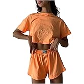 OYOANGLE Women's 2 Piece Lounge Set Short Sleeve Crop Top and Side Split Shorts Pajama Sets Soft Loungewear