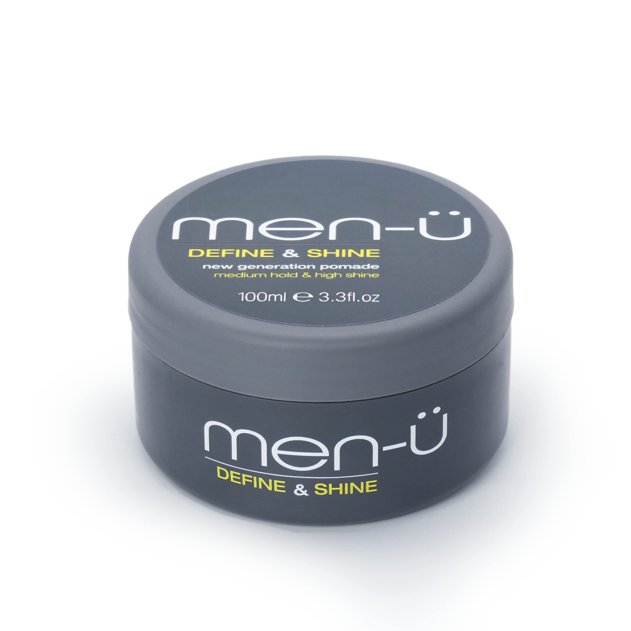 men-u pomade for men DEFINE & SHINE 100ml – Hair pomade w/ medium hold and high shine. Helps tone down grey hair & washes out easily - Mens hair products by men-u, Single walled 100ml styling puck.