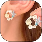 Cute Starfish Pearl Earrings for Women Vintage Enamel Shell Cz Crystal Stud Earrings Boho Beach Ocean Hoop Stud Earrings Holiday Jewelry Gift