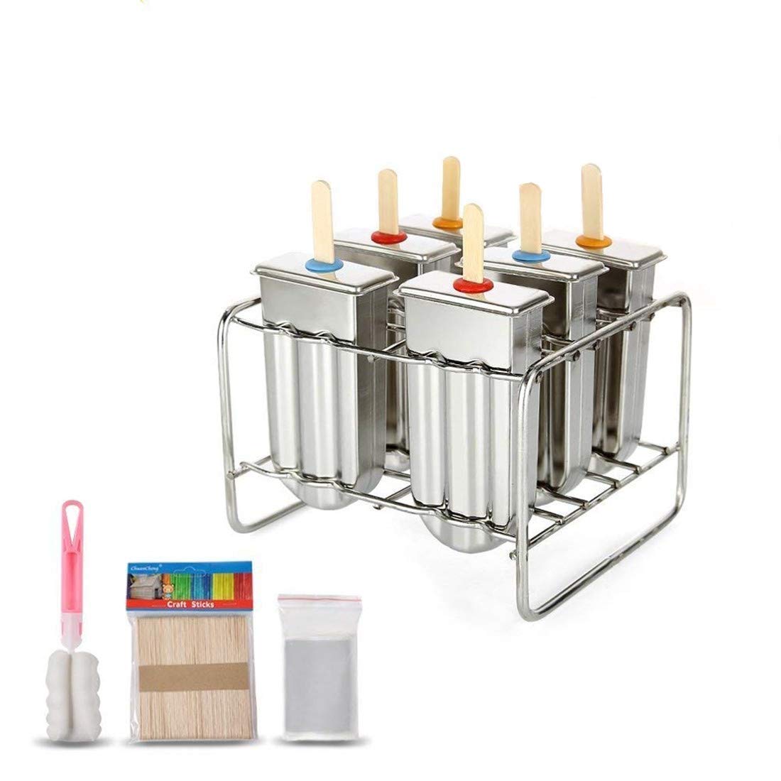 Yosoo Stainless Steel Popsicle Mold Set of 6 with Stainless Steel Stick Holder Base and Wooden Popsicle Sticks