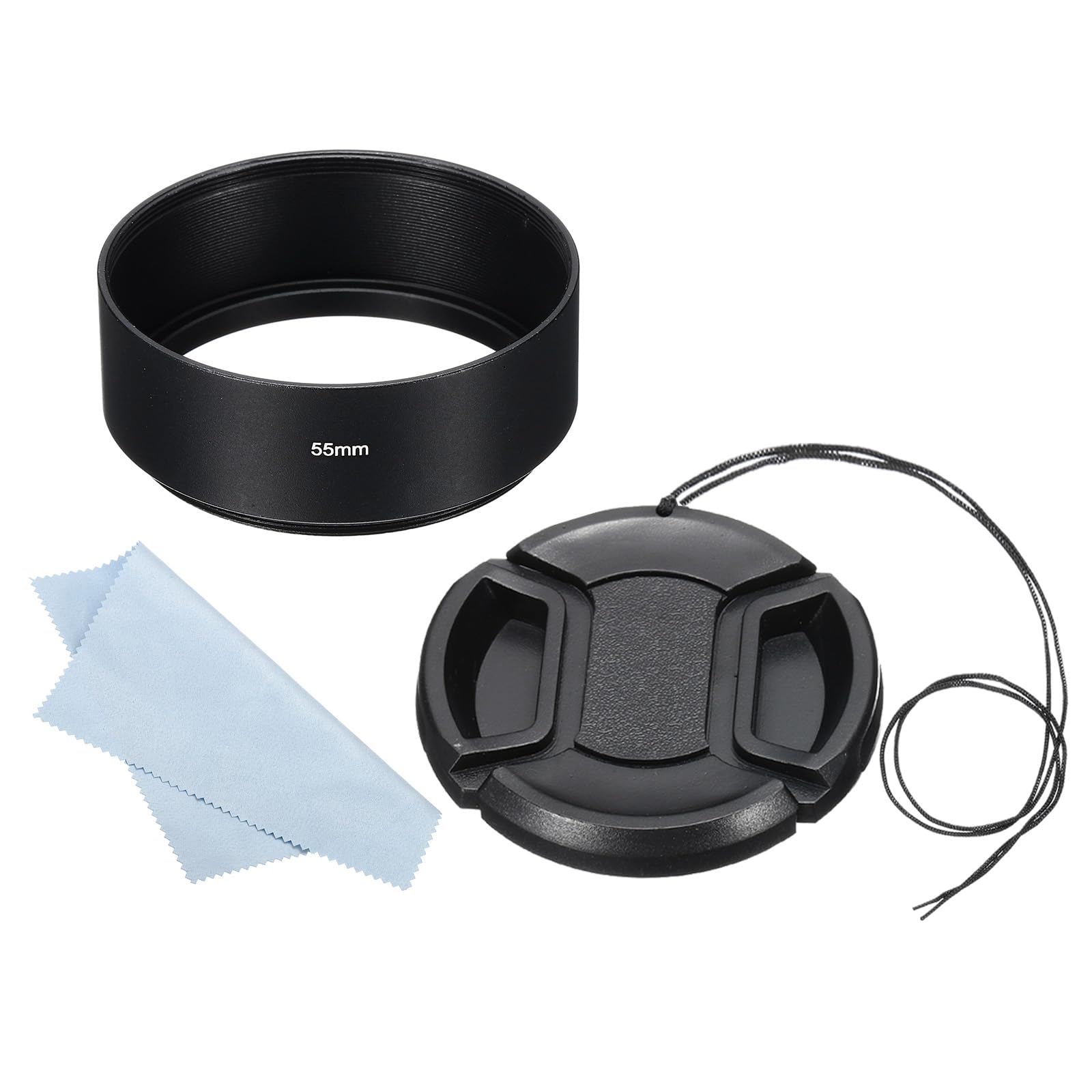 PATIKIL 55mm Lens Hood, Standard Focus Frosted Surface Anti-reflective Inside Hood with 58mm Lens Cap and Cloth for Camera Lens, Black for Nikon, for Fujifilm, for Pentax, for Leica