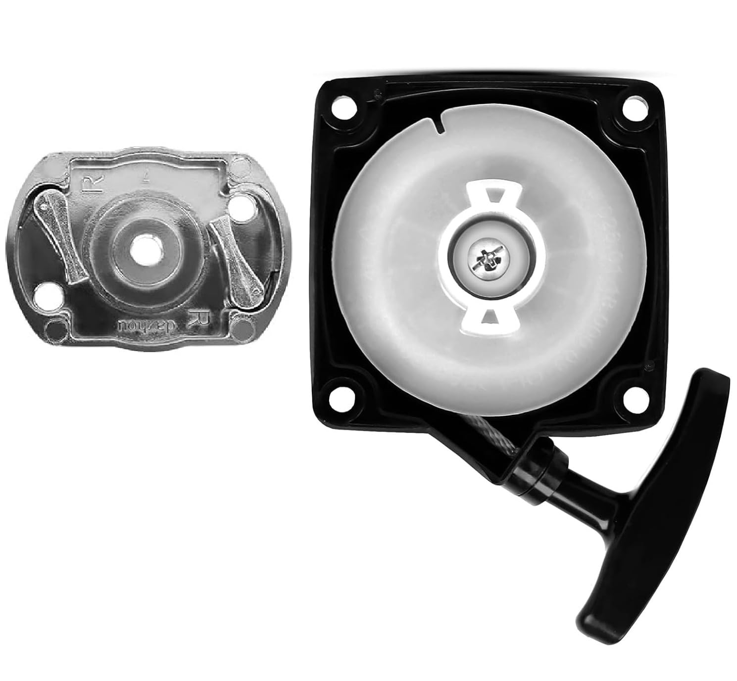 Original manufacturer spare part: Starter/starter + drive bell for brush cutter, auger or multifunction 5 in 1 - distance of mounting holes: 67 mm. Dimensions in the photos.