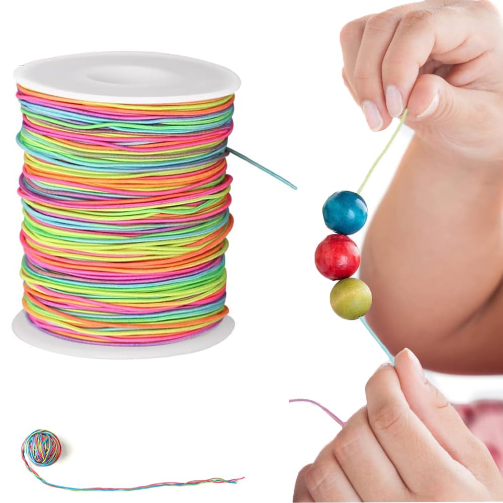 1mm x 100m Elastic Cord Rainbow Color Beading Cord Fabric Stretch Crafting String for DIY Bracelets Jewelry Making Braided Hair Tie Pony Beads Toys