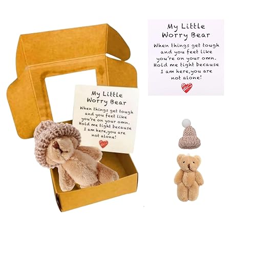 Worry Bear Hug in a Box, Mini Worry Bear with Inspirational Card Little Pocket Hug Sympathy Gift for Christmas Valentine's Day Desk Accessories All (D)