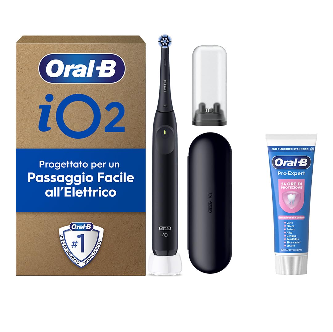 Oral-B Spazzolino Elettrico Ricaricabile iO 2 Nero, 1 Spazzolino Elettrico, 1 Testina Di Ricambio, Custodia Da Viaggio, Supporto per testine + 1 Dentifricio Oral B Pro-Expert, Pulizia Denti